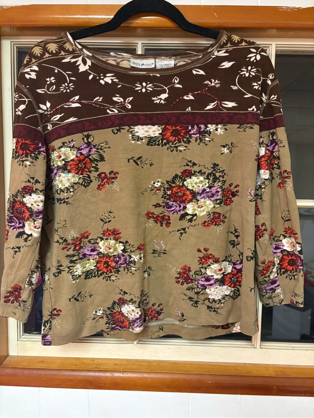 White Stag Tan Floral Long Sleeve Tee with Brown Yoke